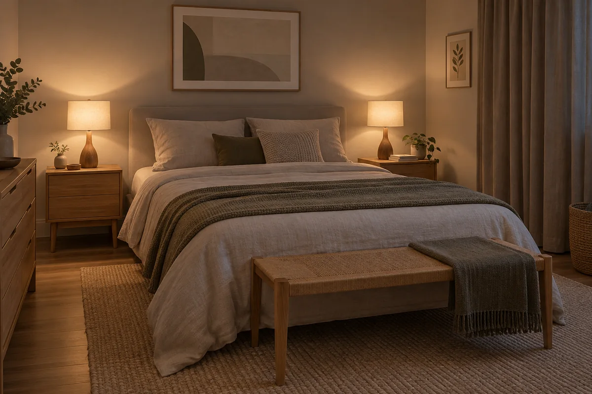 La même chambre illustrée avec les mêmes lampes de chevet en blanc chaud.