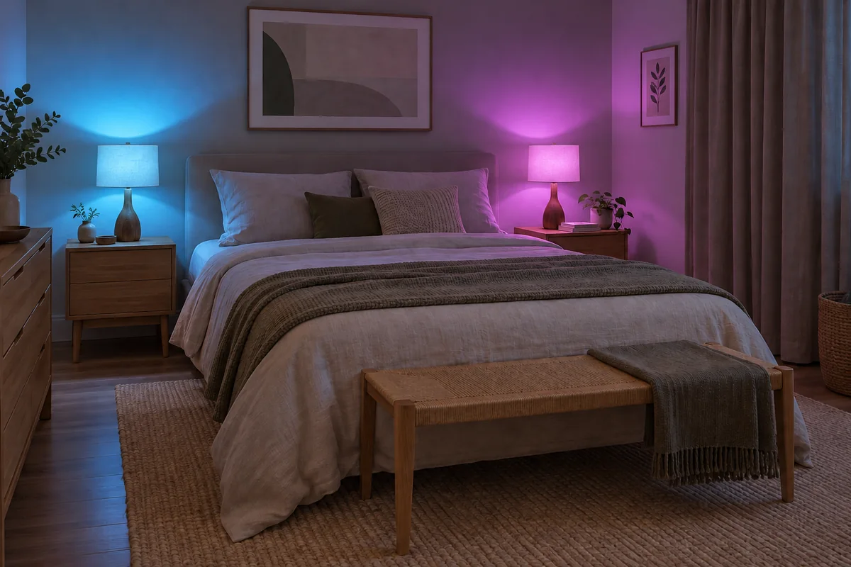 Chambre illustrée avec deux lampes de chevet diffusant une lumière cyan et violette.