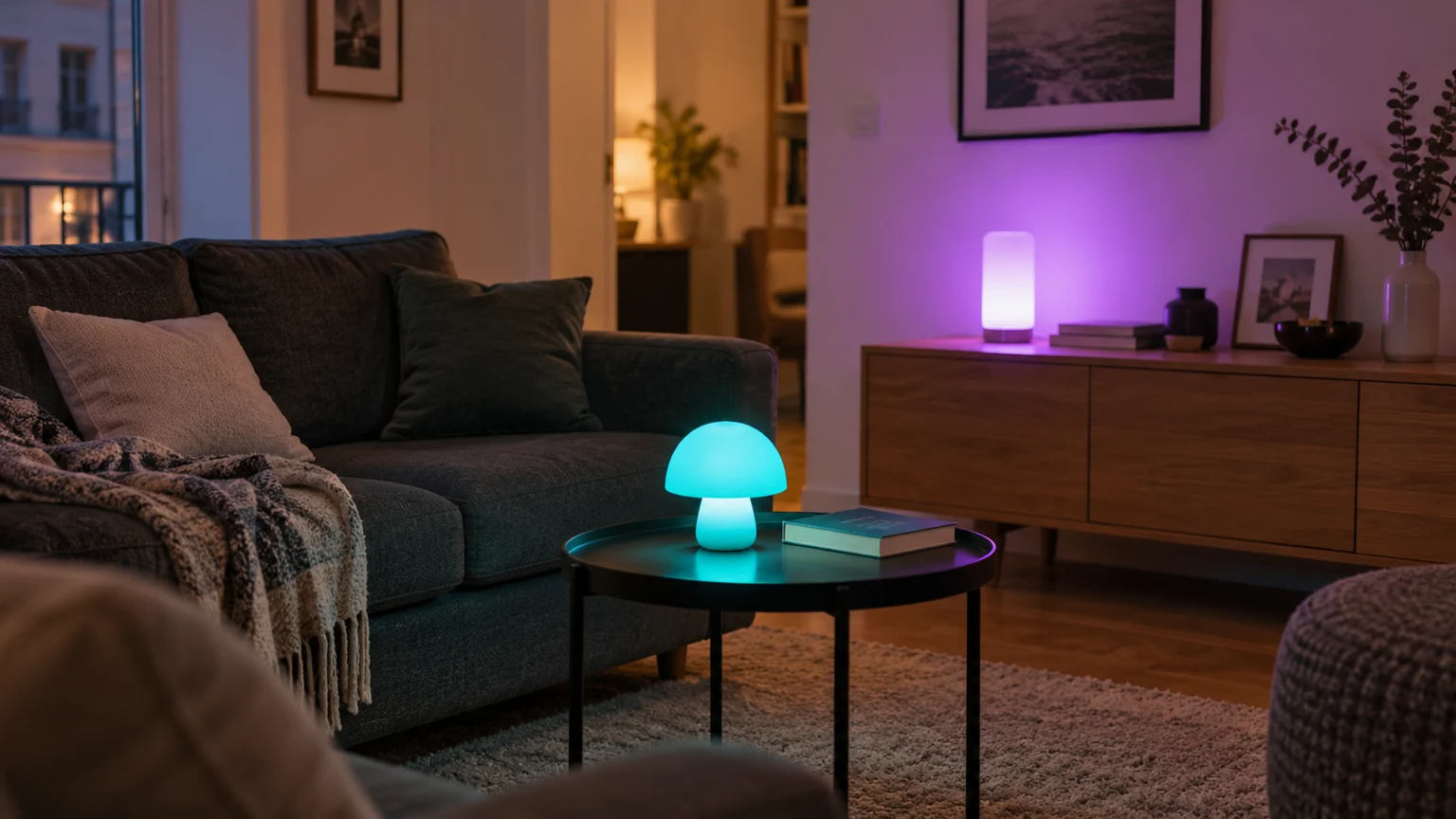 Coin salon ordinaire avec deux lampes génériques à poser, une cylindrique violette et une petite lampe cyan à abat-jour.