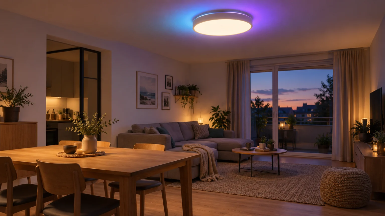 Salon contemporain avec un plafonnier générique blanc et un halo cyan et violet au plafond.